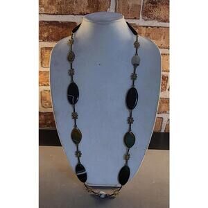 Vtg  32" Banded Agate & Jasper Gemstone Beaded Necklace  Boho Statement Jewelry